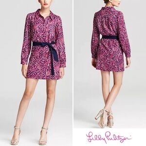 Lilly Pulitzer Davie Tie-Waist Shirt Dress Hollyhock Giraffe Pink 6 GUC